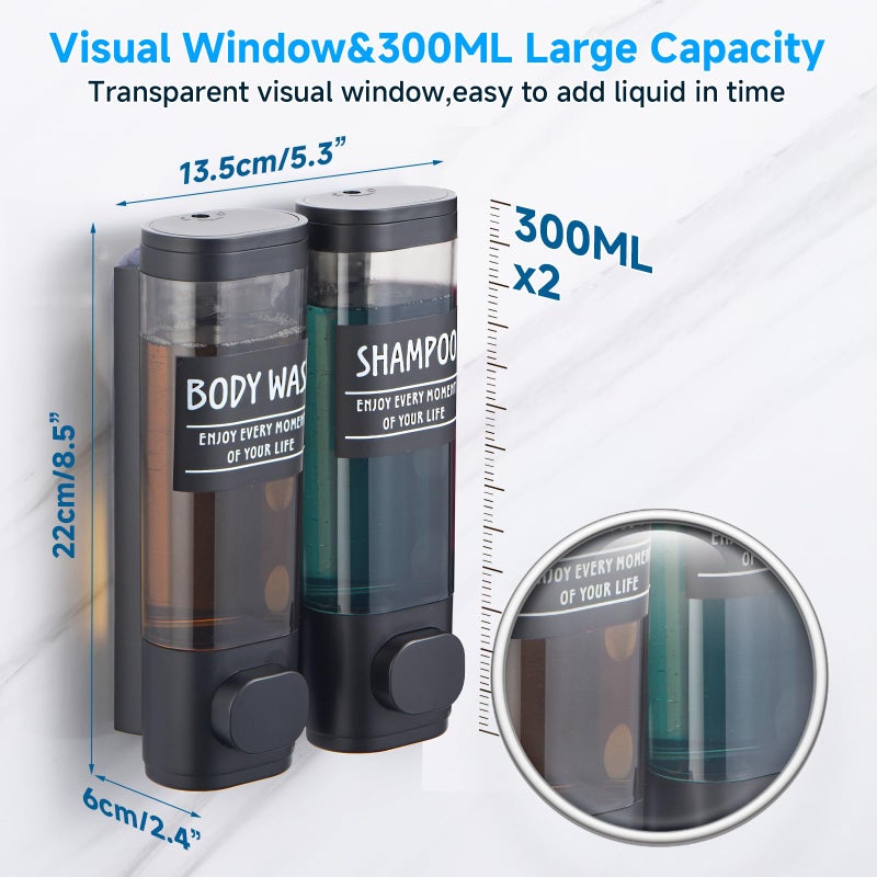 GlintGath Shampoo and Conditioner Dispenser GlintGath Shower Dispenser 2 Chamber No Drill Shampoo Dispenser for Shower Wall Mounted Shower Soap Dispenser for Bathroom Hotel 2 * 300ML Matte Black - Image 3